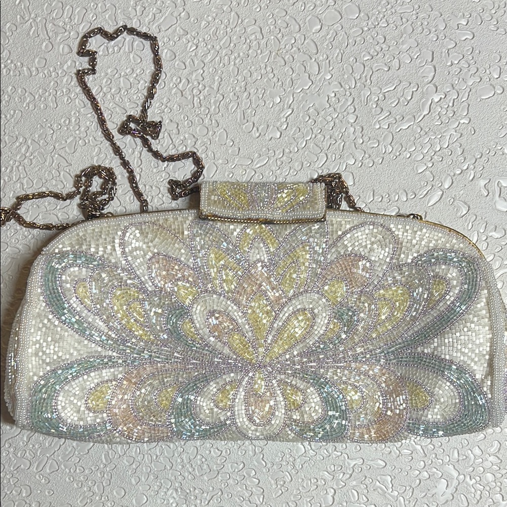 White and Silver Ornate Clutch with Floral Embellishments